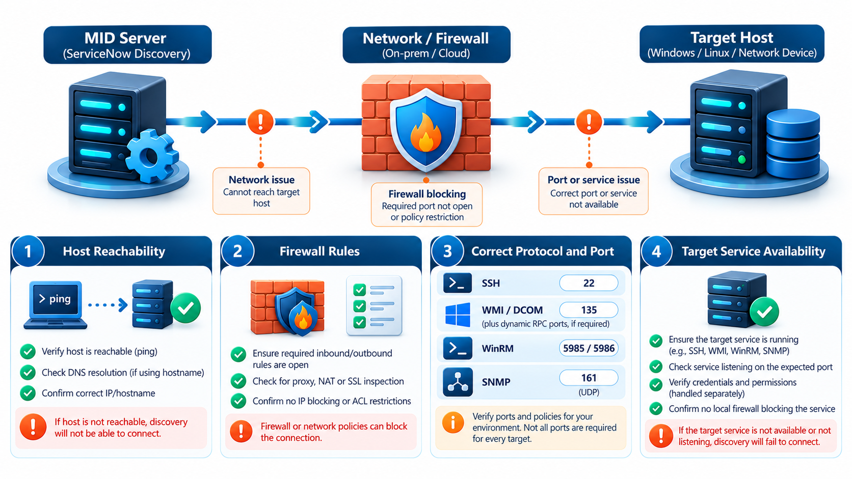 ServiceNow Discovery network troubleshooting showing MID Server, firewall, target host, and common SSH, WMI, WinRM, and SNMP ports